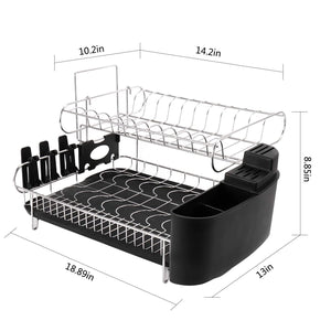Mega Casa 2 Tier Dish Racks for Kitchen Counter, Adjustable Stainless Steel Dish Drying Rack Set with Utensil Holder, Kitchen Dishes Organizers Black