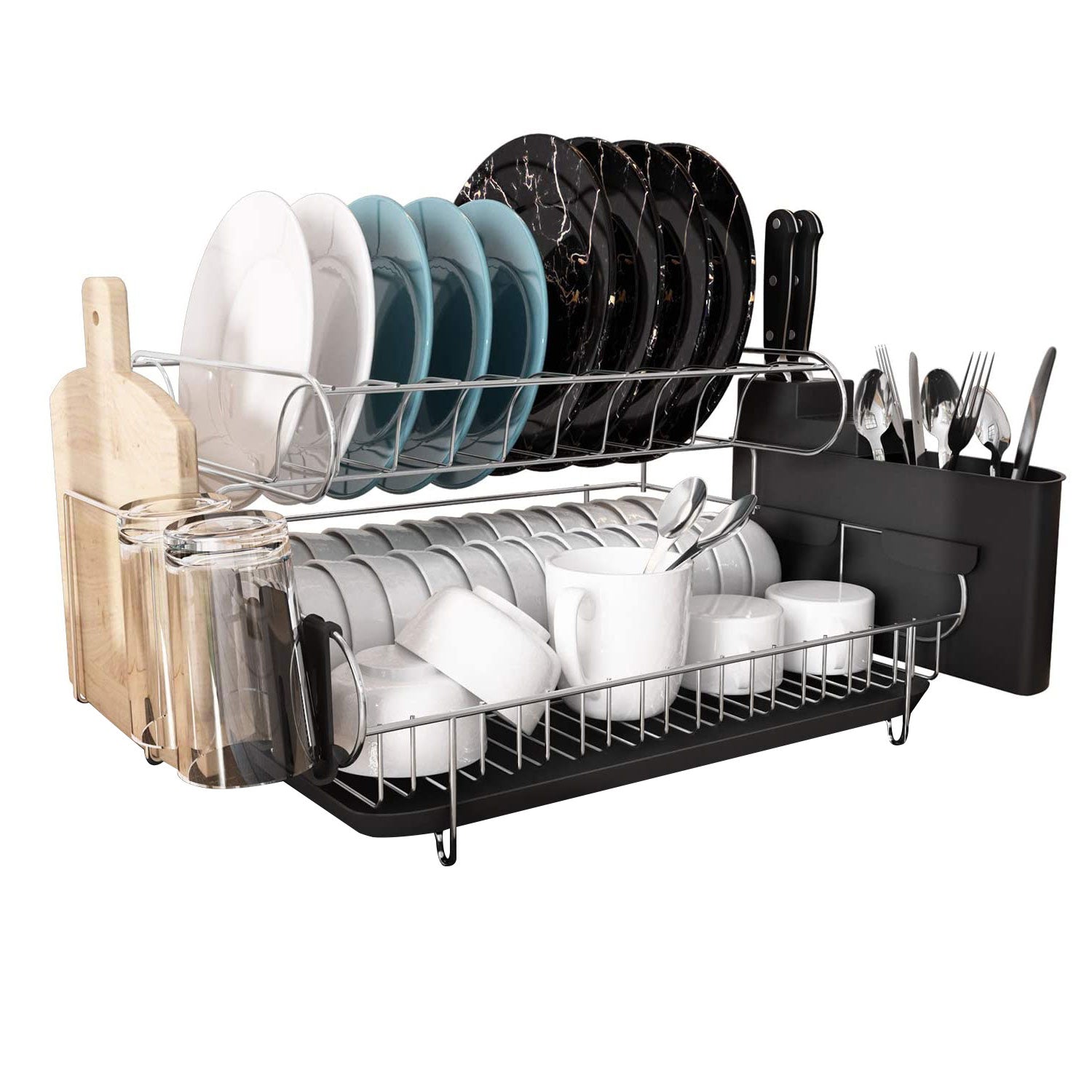 Madala Dish Rack for Kitchen Counter, 2 Tier Dish Rack and Dish Drainer for  Kitchen Organizer, Detachable Dish Drying Rack Dish Dryer with Cup Rack and  Utensil Holder, Large Capacity, Black 